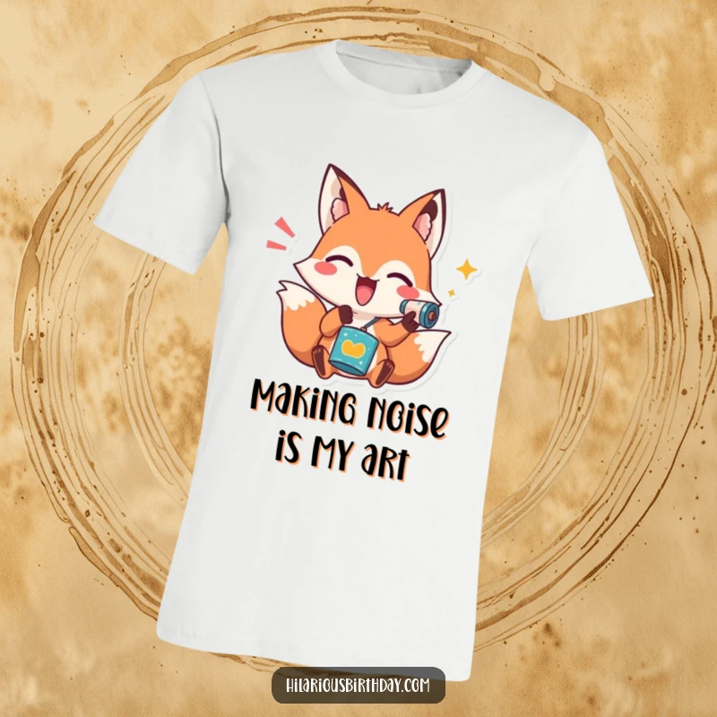 Funny T-shirt with a playful fox character enthusiastically shaking a noisemaker, perfect for expressing a fun-loving and energetic spirit.