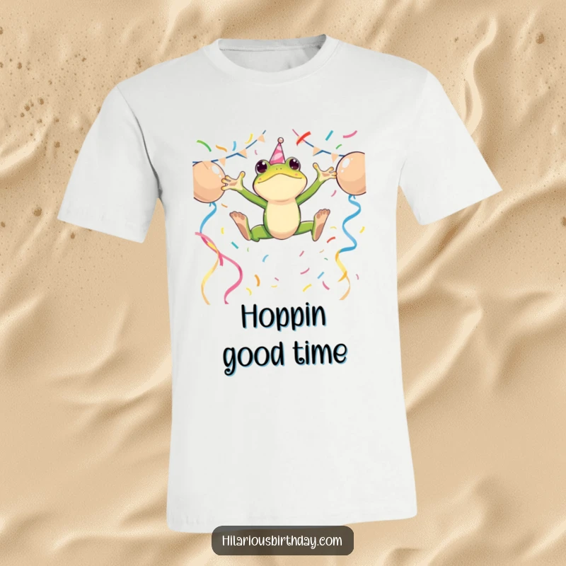 Funny T-shirt with an energetic frog character leaping over party streamers, perfect for expressing a fun-loving and lively spirit.