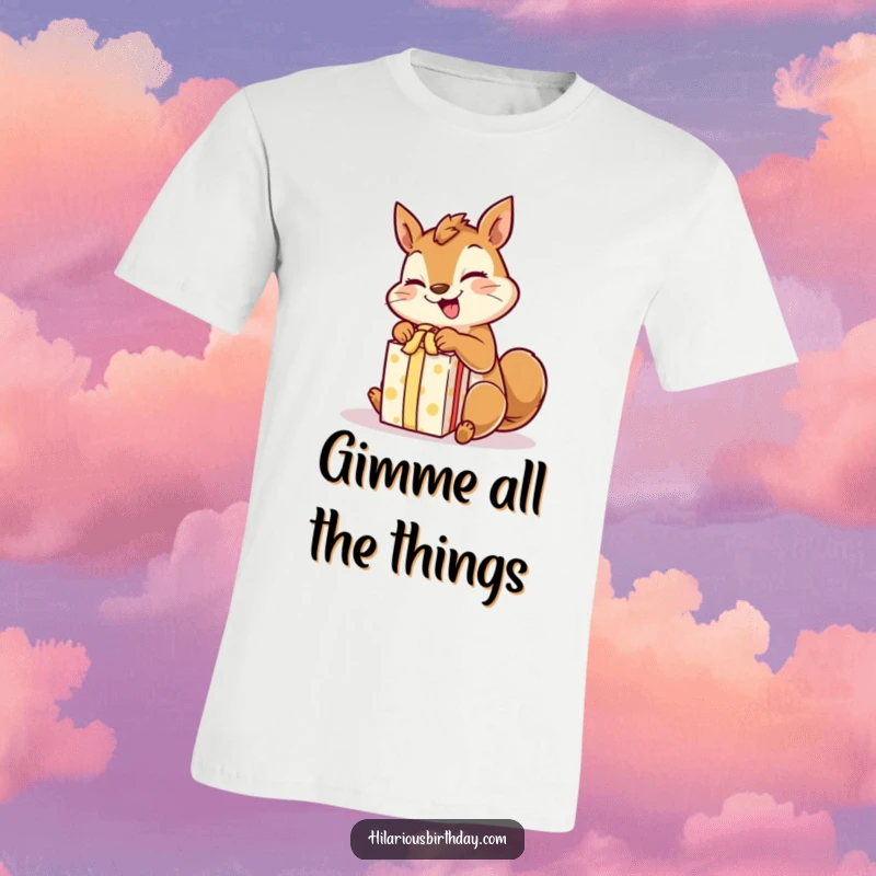 Funny giggling squirrel character rapidly unwrapping a gift with excited paws, printed on a soft t-shirt.
