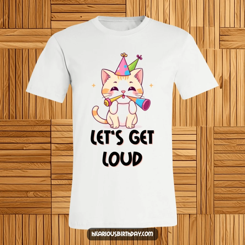 Funny t-shirt showcasing a super cute Kawaii cat wearing a party hat and joyfully blowing a celebratory party horn.