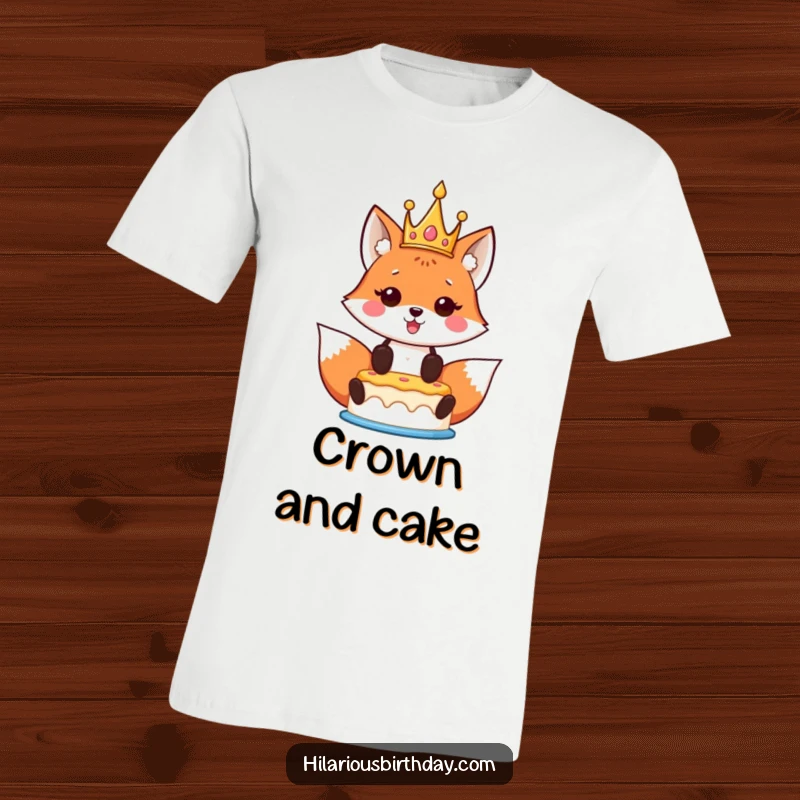 Funny Kawaii Fox Birthday T-Shirt showing a crowned kawaii fox proudly holding a birthday cake aloft, showcasing birthday cheer and pride.