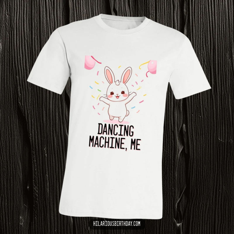 Funny kawaii rabbit character joyfully dancing with vibrant streamers, perfect for a fun and energetic t-shirt.