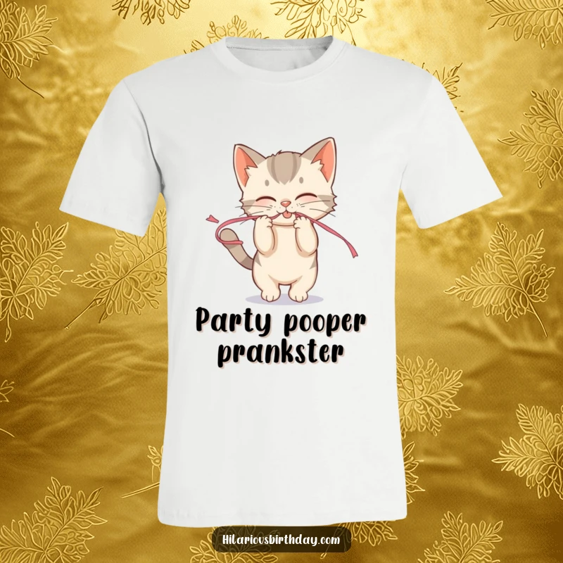Funny mischievous kitten playfully tugging on a streamer on a t-shirt, representing playful mischief and fun.