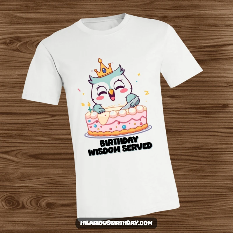 Funny t-shirt featuring a delighted owl with a birthday crown, joyfully cutting a huge cake, celebrating a birthday with humor.