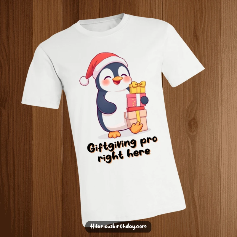 Funny t-shirt showcasing a gleeful penguin with a mountain of gifts, its joyous laughter almost audible.