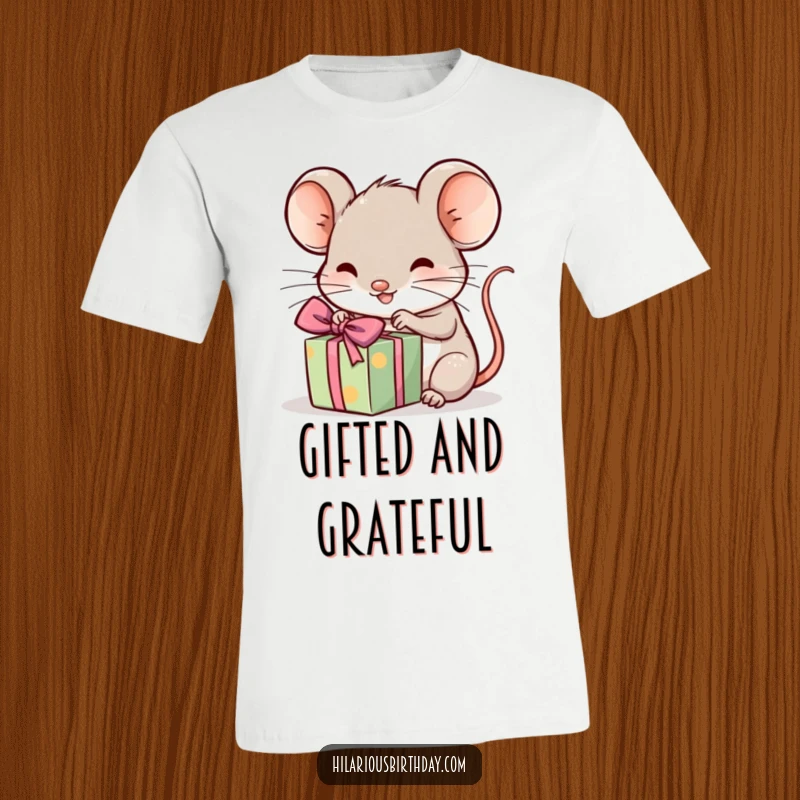 Funny kawaii mouse excitedly unwrapping a tiny, wrapped gift, a cute present t-shirt, great funny gift.