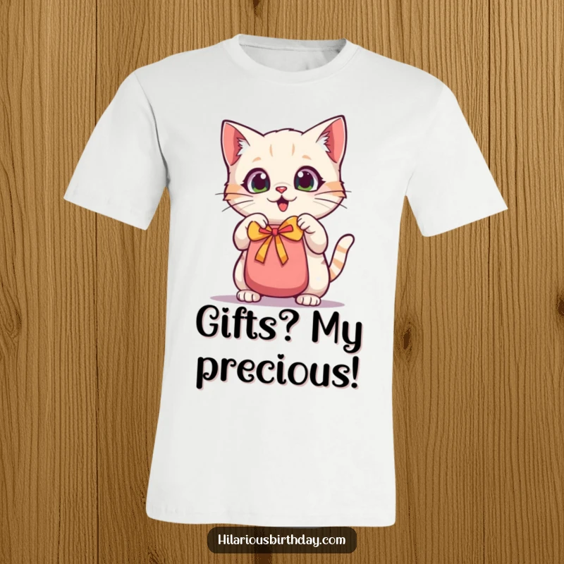 Funny kawaii cat t-shirt, a curious cat with big eyes shaking a gift bag, conveying excitement and fun.