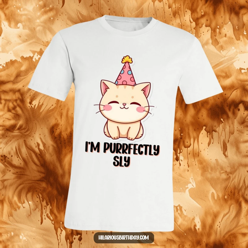 Funny kawaii cat character in a silly party hat, charmingly winking, perfect for a fun t-shirt.