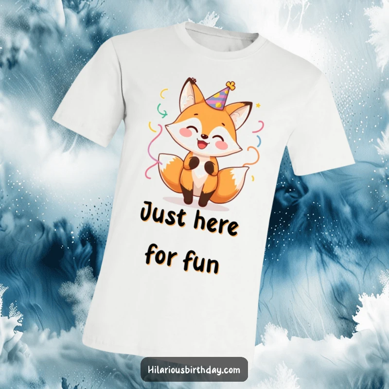 Funny Fox Party T-Shirt: Cheerful fox in a party hat enthusiastically twirling with streamers, radiating pure fun.