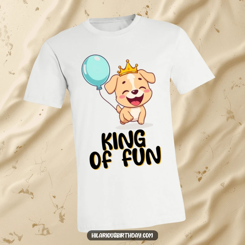 Funny t-shirt featuring a giggling dog adorned with a crown, gleefully pursuing a floating balloon with immense happiness.