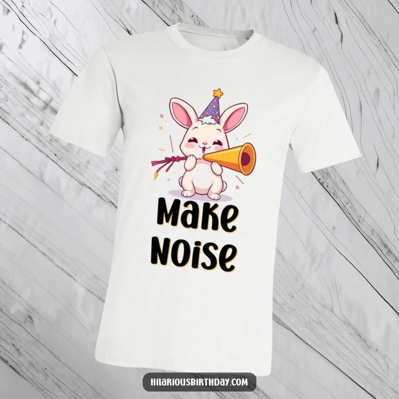 Funny t-shirt featuring a playful rabbit wearing a sparkly party hat, joyfully blasting a giant party horn with gusto.
