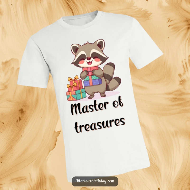Funny t-shirt showcasing a joyful raccoon character balancing a stack of gifts, capturing a festive and fun moment.