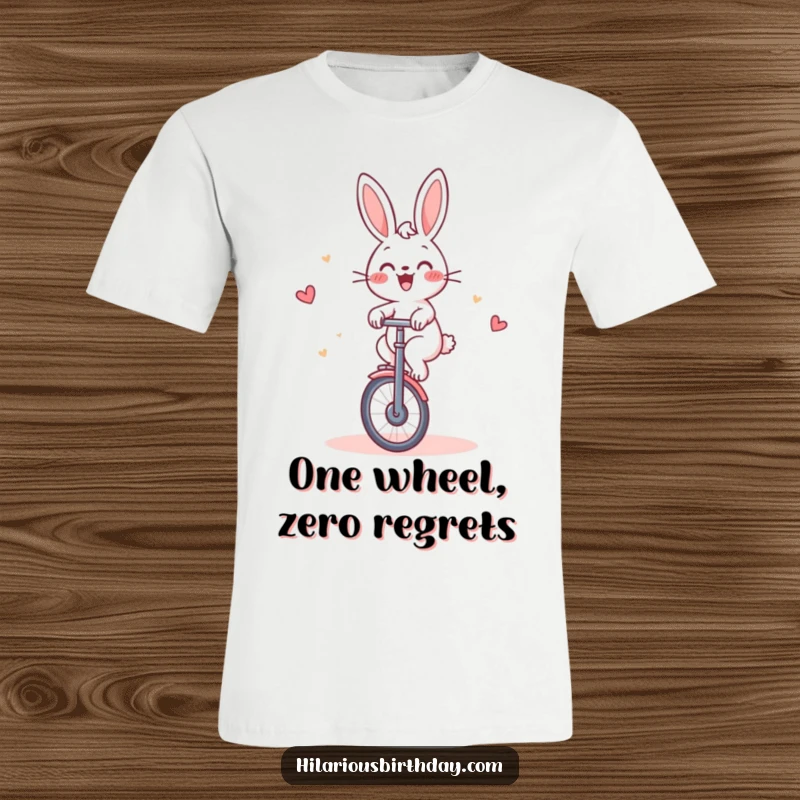 Funny Rabbit T-Shirt: Cheerful rabbit gleefully riding a unicycle around a cake, celebrating with humor.