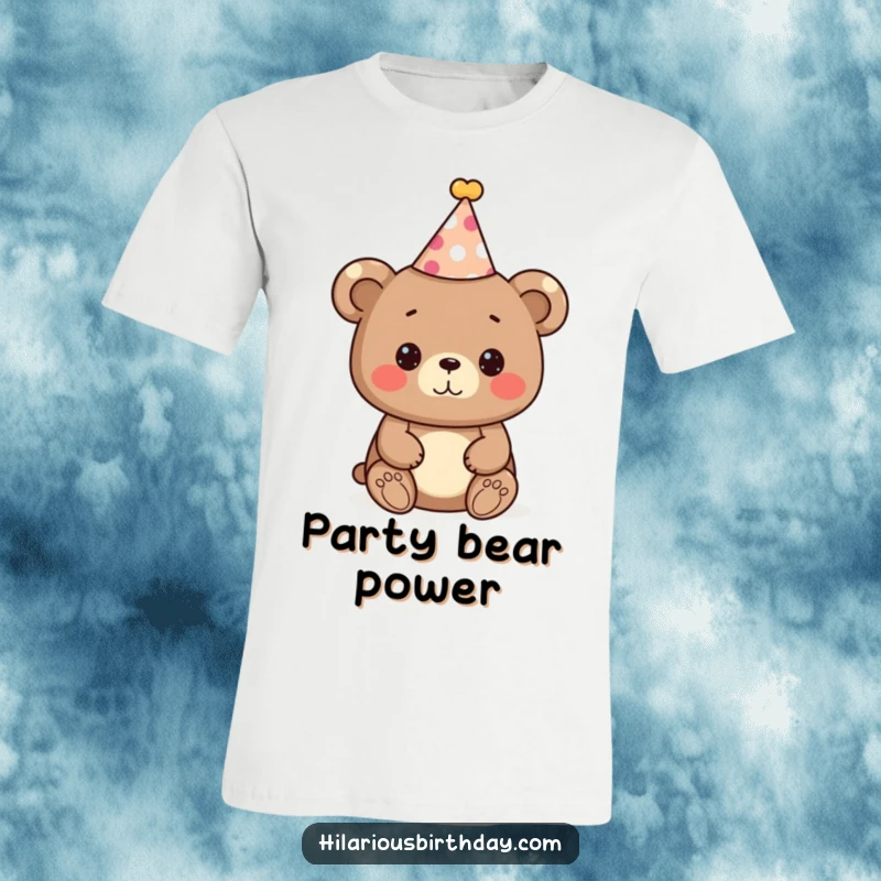 Funny bear t-shirt, a cute bear character wearing a festive party hat, ready to celebrate, adorable party wear.