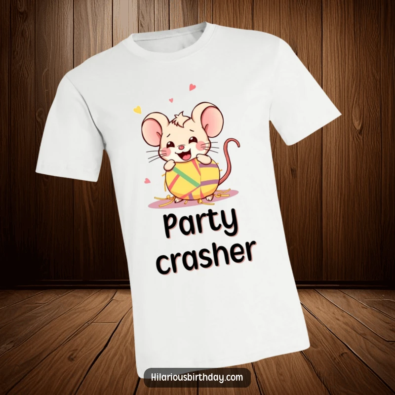 Funny Kawaii mouse joyfully breaking a piñata on a t-shirt, perfect for a party-themed funny gift.