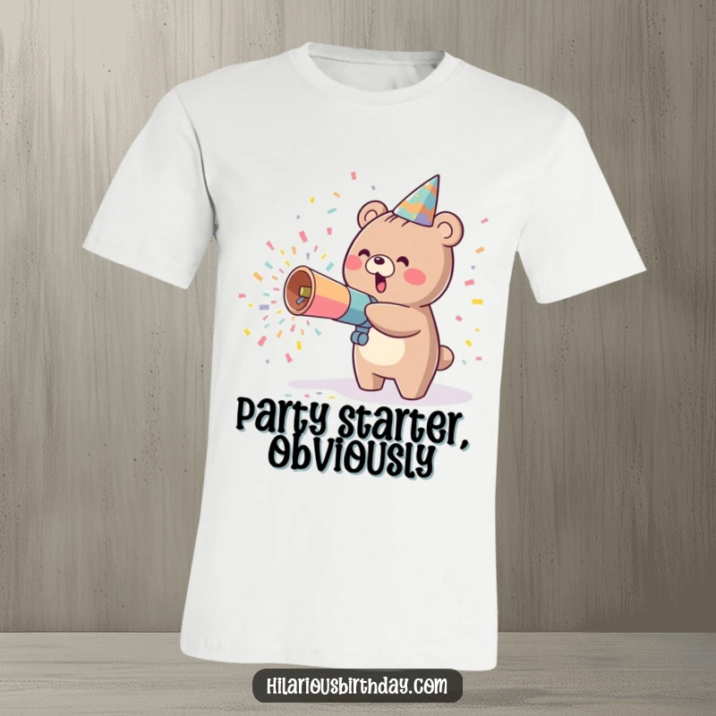 Funny kawaii bear character excitedly throwing confetti from a party cannon, perfect for a fun and festive t-shirt.