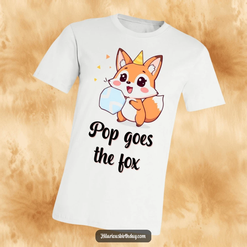 Funny fox popping a party popper with surprise, printed on a t-shirt, a fun and funny gift item.