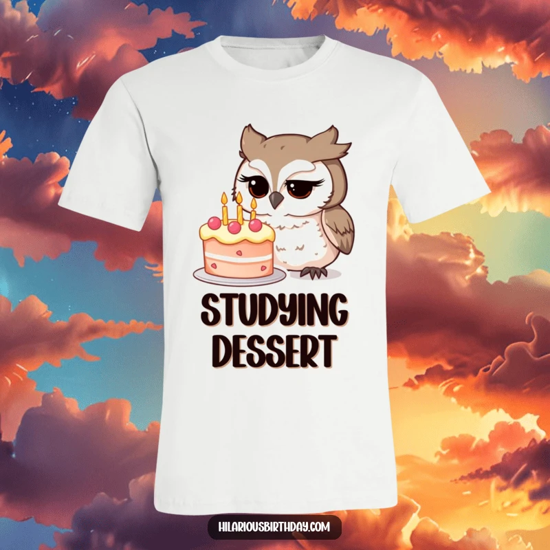 Funny owl character intently examining a whimsical birthday cake on this humorous t-shirt, a delightful funny gift for cake lovers.