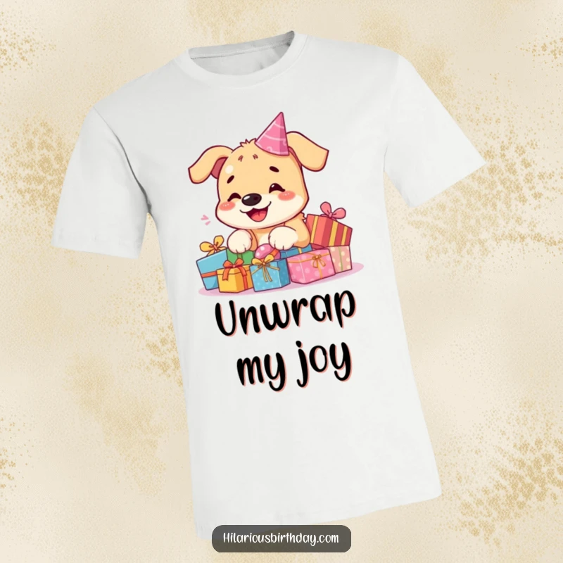 Funny kawaii dog t-shirt, a cheerful, smiling puppy playing with a vibrant stack of birthday presents, radiating joy and festivity.