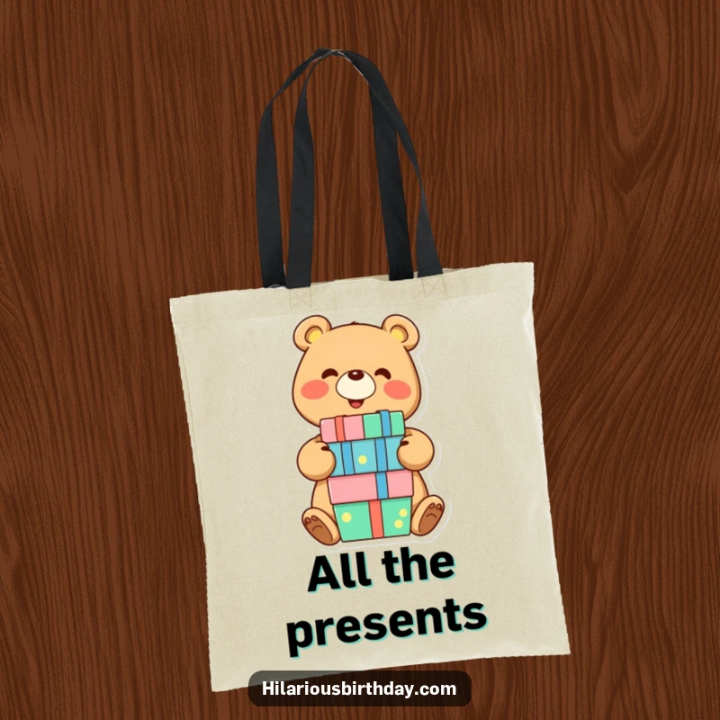 Funny bear tote bag with a smiling character joyfully balancing a stack of presents, a cheerful and humorous accessory for carrying gifts.