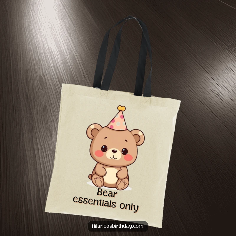 Funny bear tote bag, a cute bear character wearing a festive party hat, ready to celebrate, adorable accessory.