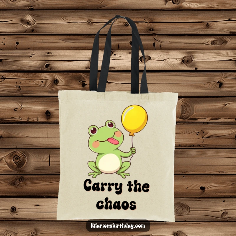 Funny tote bag with a kawaii frog character happily popping a balloon with its tongue, perfect for carrying items with a humorous twist.