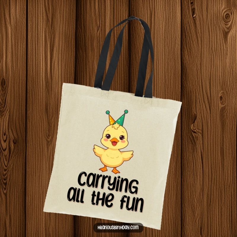 Funny duckling wearing a party crown, quacking joyfully on this tote bag, ready for celebration on the go.