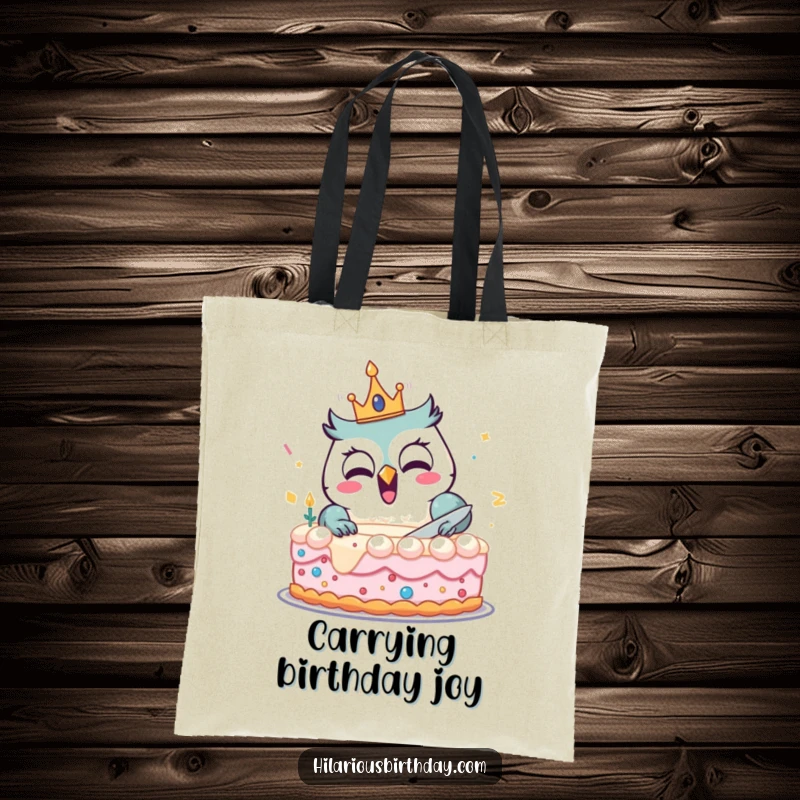 Funny tote bag featuring a delighted owl with a birthday crown, cutting a large cake, perfect for carrying celebration essentials.
