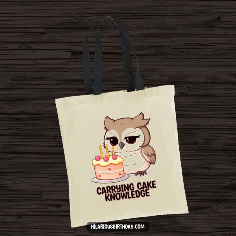 Funny owl character intently studying a whimsical birthday cake on this durable tote bag, a humorous and practical funny gift.