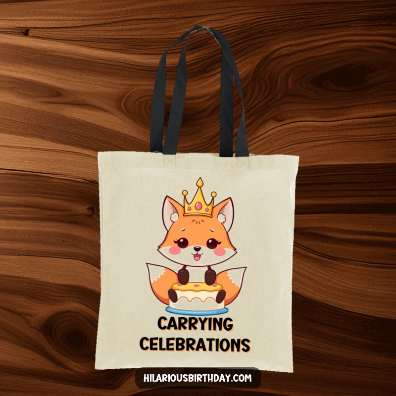 Funny Kawaii Fox Birthday Tote Bag depicting a crowned kawaii fox proudly holding a birthday cake aloft, ideal for birthday celebrations.
