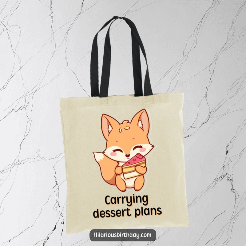 Funny tote bag featuring a winking fox character holding a slice of cake, perfect for carrying items with flair.
