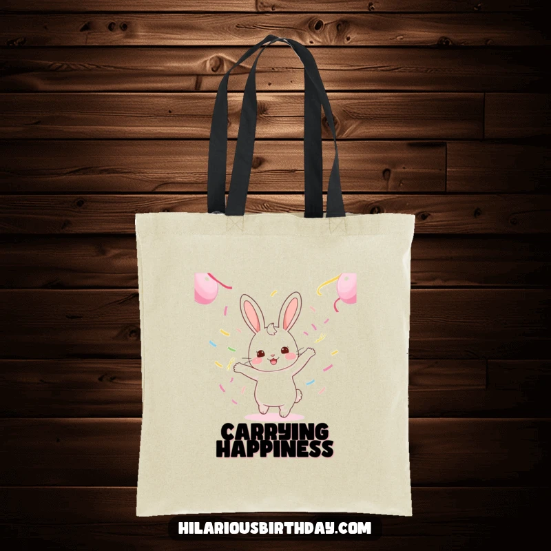 Funny kawaii rabbit character gleefully dancing with colorful streamers, featured on a cute and practical tote bag.