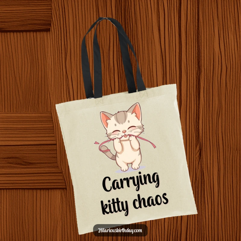 Funny mischievous kitten playfully tugging on a streamer on a tote bag, ready for playful adventures.