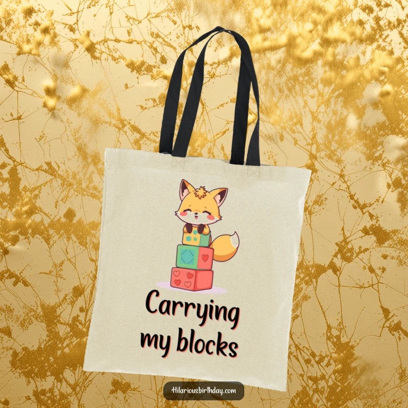Funny tote bag with a giggling fox character stacking colorful party blocks precariously.
