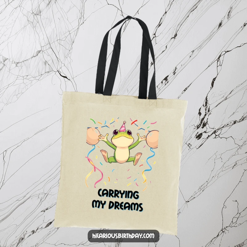 Funny tote bag with an energetic frog character leaping over party streamers, great for carrying essentials with a festive flair.