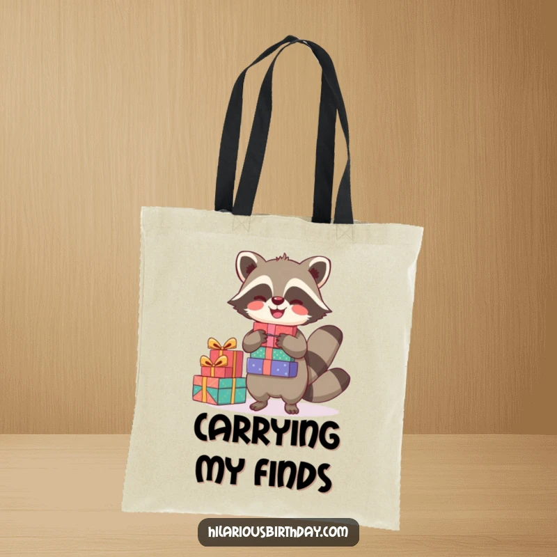 Funny tote bag with a joyful raccoon character balancing a stack of gifts, perfect for carrying items with festive flair.