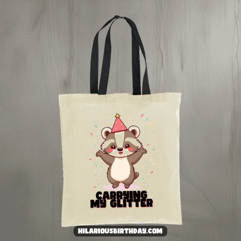 Funny tote bag featuring a cute badger with a sparkly hat, dancing enthusiastically amongst confetti, great for market trips.