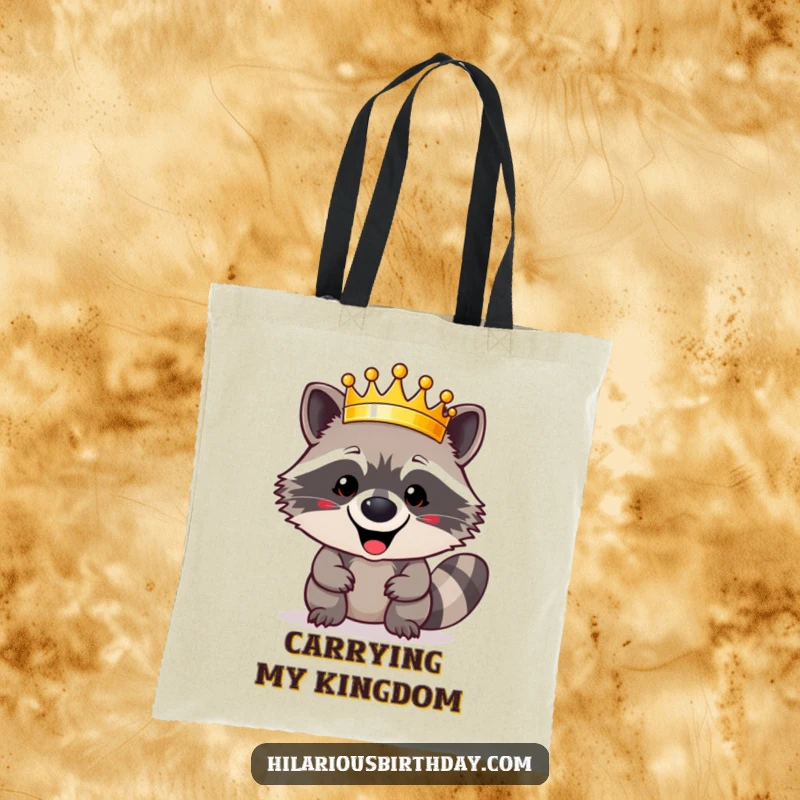 Funny happy raccoon character triumphantly wearing a shiny golden crown on this durable tote bag, a humorous and majestic funny gift.