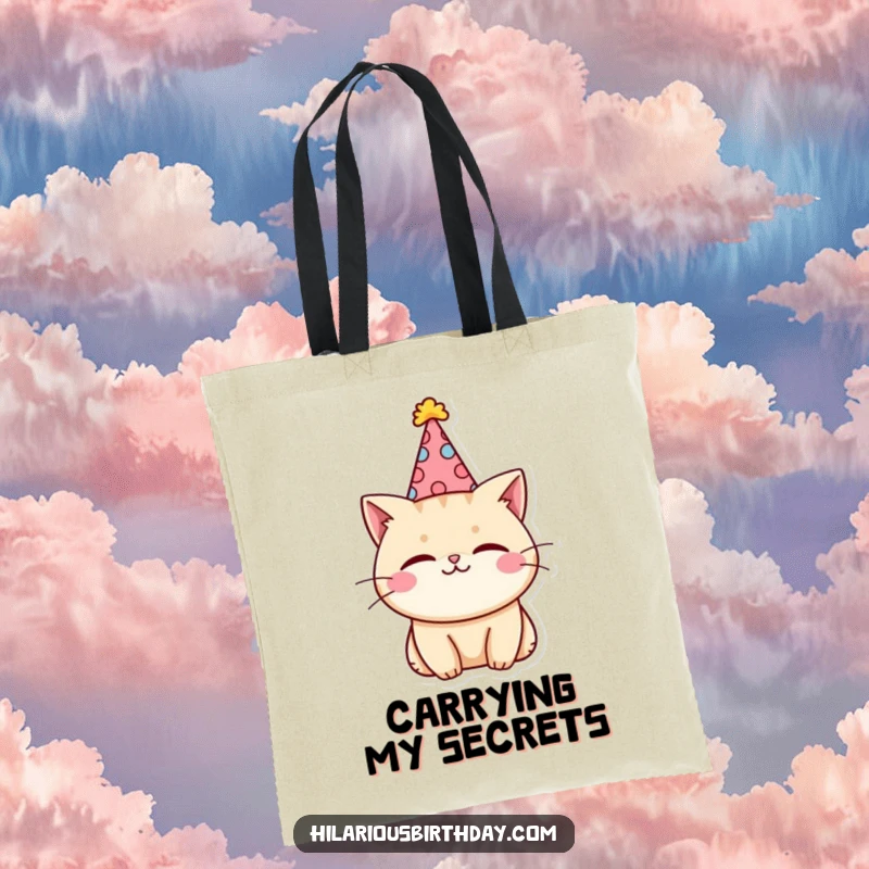 Funny kawaii cat character wearing a silly party hat and winking, featured on a cute and practical tote bag.