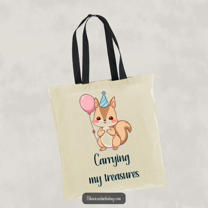 Funny kawaii squirrel wearing a party hat and holding a balloon, a cute tote bag, great for carrying party items.