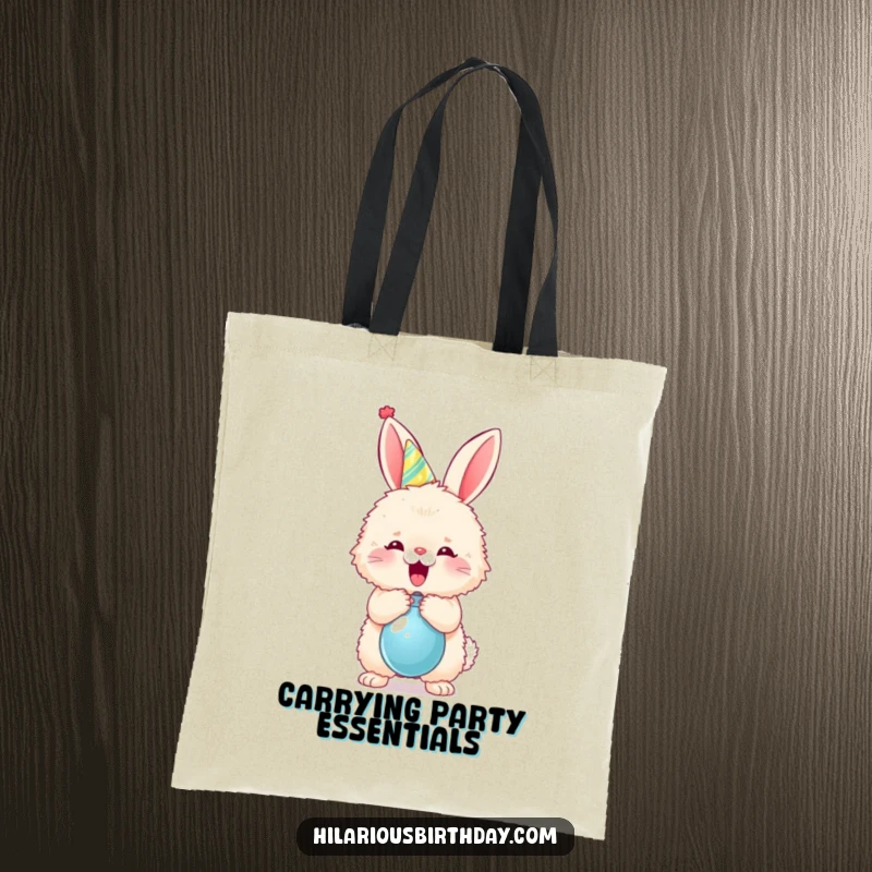 Funny fluffy bunny in a party hat popping a balloon on a tote bag, ready for any celebration.