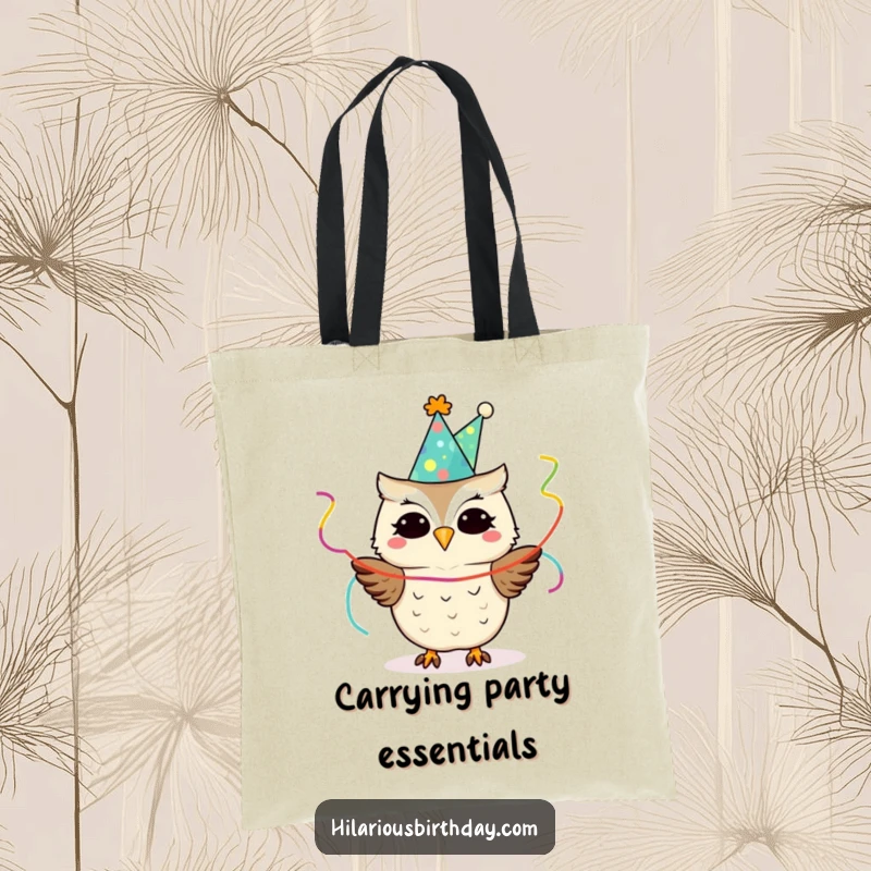 Funny owl in a party hat with streamers, on a tote bag, ideal for carrying party items with funny style.