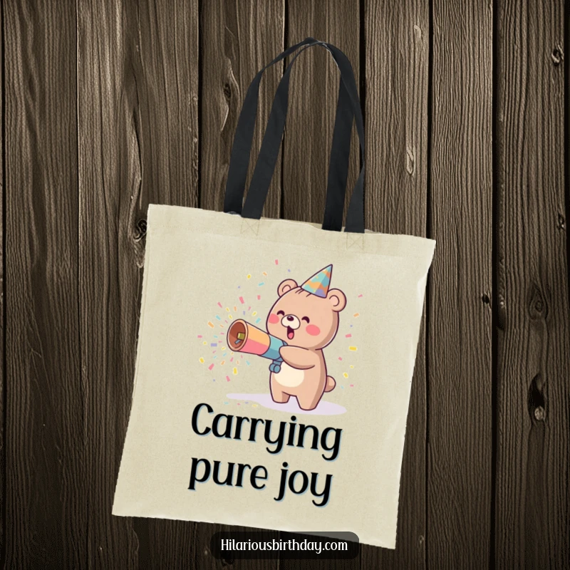 Funny kawaii bear character with a party cannon, showering confetti, perfect for a charming and usable tote bag.