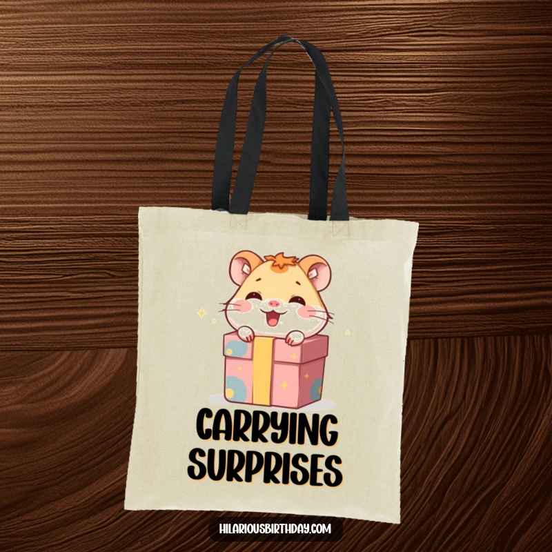 Funny tote bag with a giggling hamster character hiding inside a gift box, perfect for carrying items with a smile.