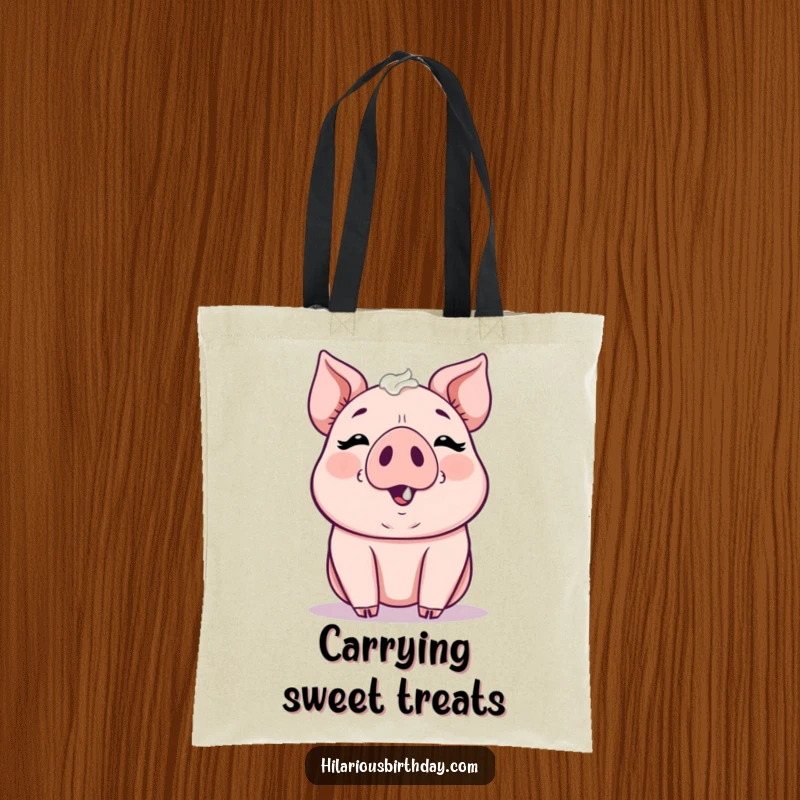 Funny kawaii pig gleefully smudging frosting on its nose, a cute tote bag, great for carrying goodies.