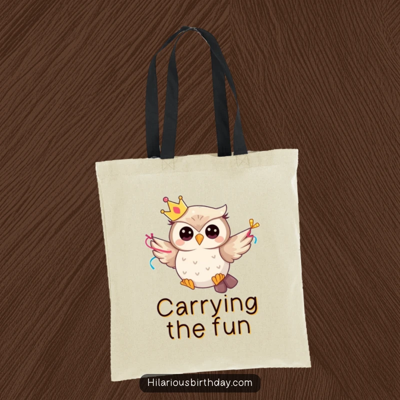 Funny whimsical owl character wearing a party crown and flying with a streamer, featured on a durable tote bag.
