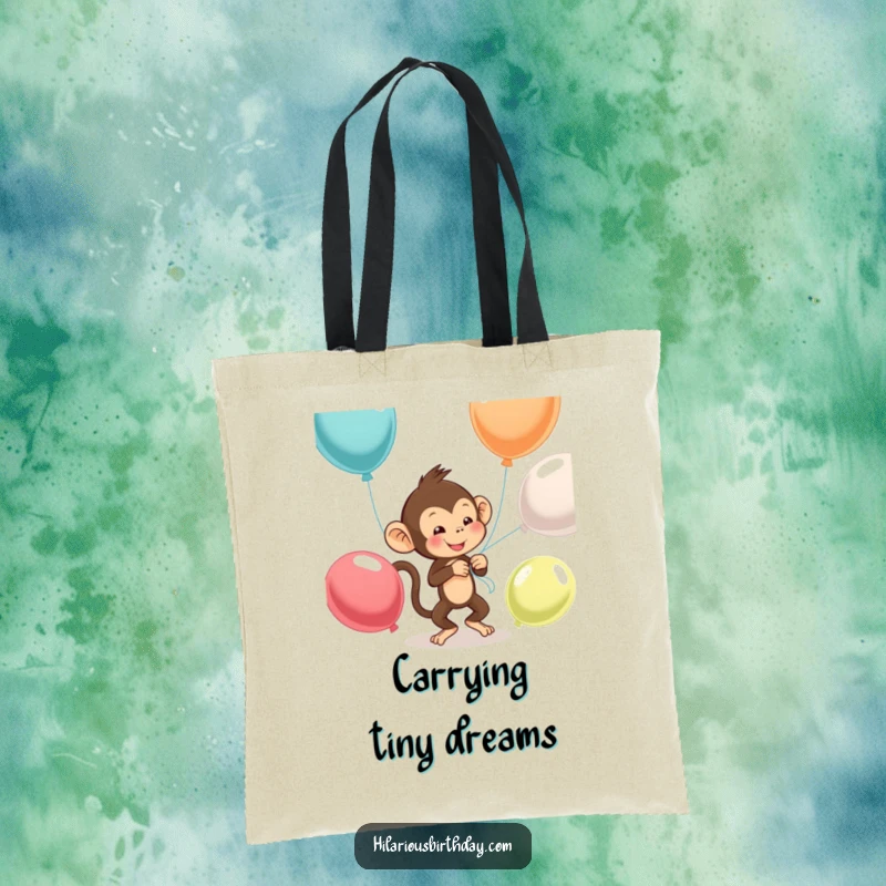 Funny monkey tote bag showcasing a mischievous monkey fumbling with balloons, a functional and humorous accessory.