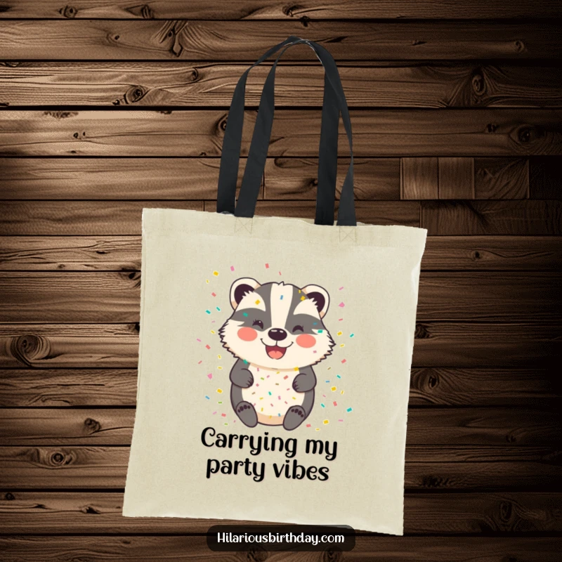 Funny badger tote bag depicting a happy, smiling badger thoroughly covered in vibrant, celebratory confetti.