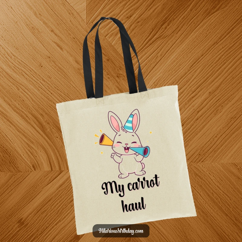 Funny bunny tote bag, a happy bunny character blowing enthusiastically on a party horn, carrying celebrations.