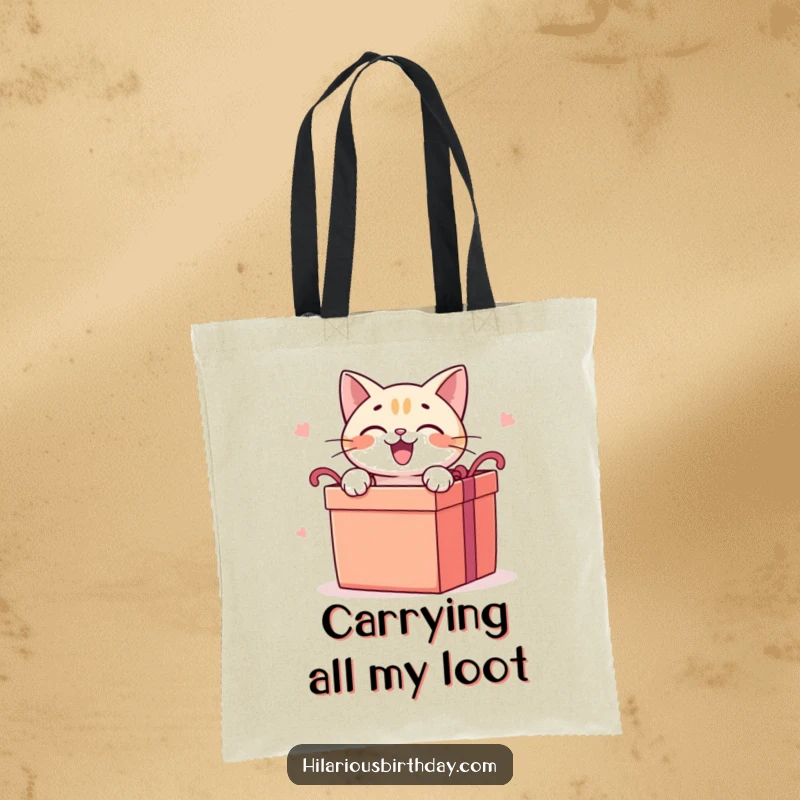 Funny cat tote bag with a delighted cat character eagerly opening a large gift box, ready for shopping trips.